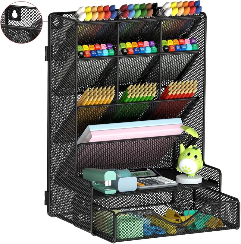 BOHDK Pen Organizer for Desk, Multi-Functional Desk Organizer, Wall Mount Pen Holder with Drawer for School, Office, Home, Art Supplies, Black - Image 1